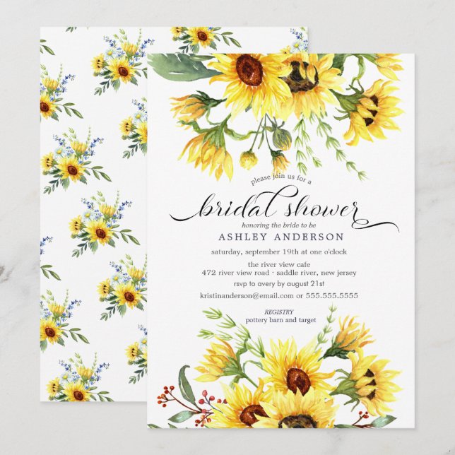Cheerful Yellow Sunflower Floral Bridal Shower Invitation (Front/Back)