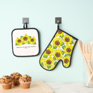Cheerful Yellow Sunflower Scripture Kitchen Oven Mitt & Pot Holder Set