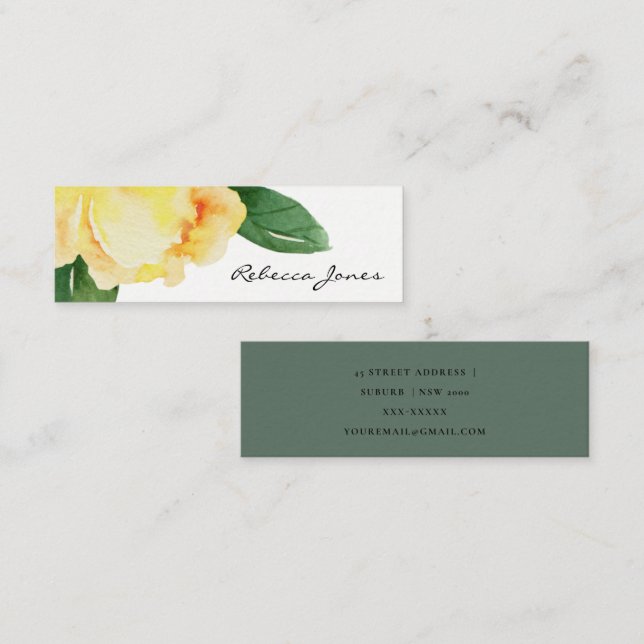 CHEERFUL YELLOW WATERCOLOR FLORAL ADDRESS MINI BUSINESS CARD (Front/Back)