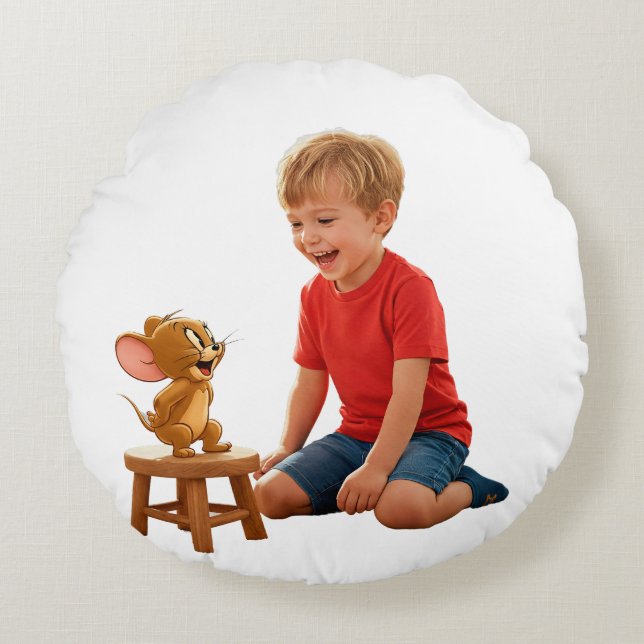 Cheerful Young Boy Interacting with Animated Jerry Round Pillow (Front)