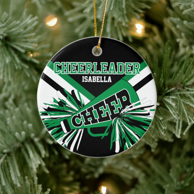 Cheerleader 2S  📣💖 - Green, Black and White Ceramic Ornament (Tree)