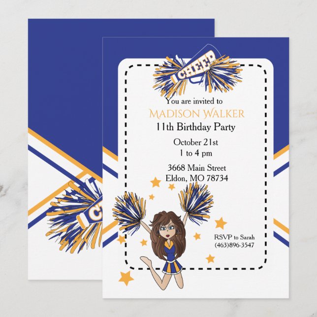 Cheerleader Birthday Party in Blue & Gold Invitation (Front/Back)