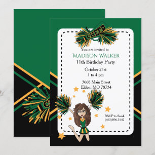 Cheerleader Birthday Party in Dark Green & Gold Invitation
