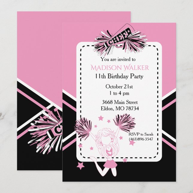 Cheerleader Birthday Party in Pink, Black & White Invitation (Front/Back)