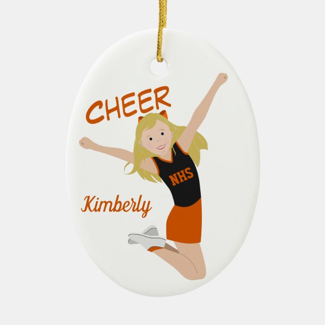 Cheerleader Blonde Black & Orange Ceramic Ornament (Front)