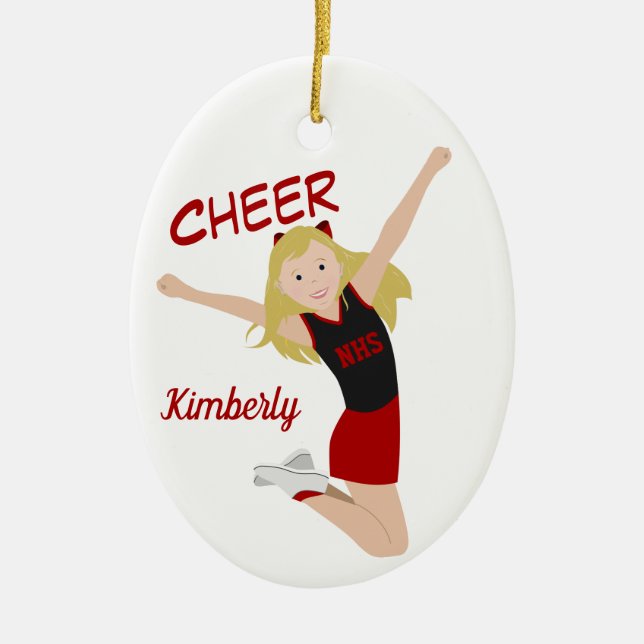 Cheerleader Blonde Black & Red Ceramic Ornament (Front)