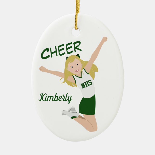 Cheerleader Blonde Green & White Ceramic Ornament (Front)