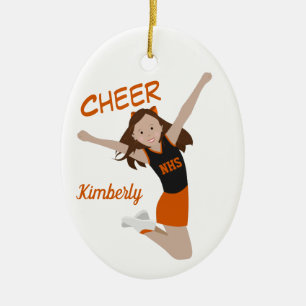 Cheerleader Brunette Orange & Black Ceramic Ornament