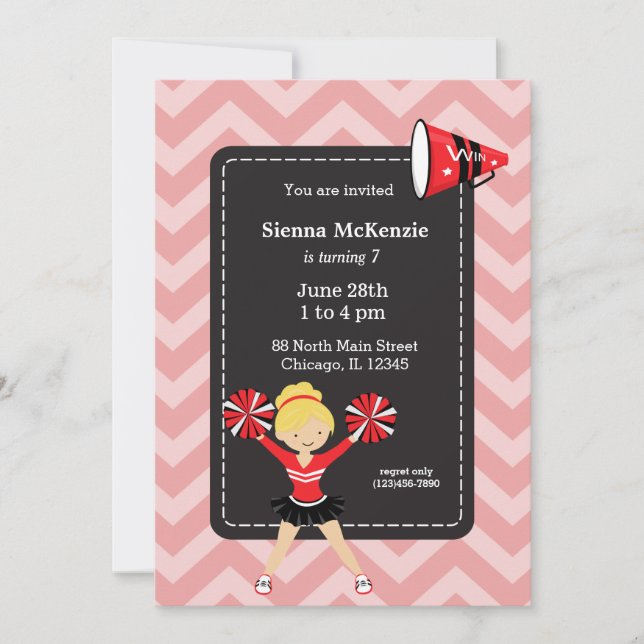 Cheerleader, choose your own background colour invitation (Front)