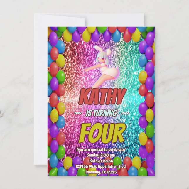 Cheerleader Cute Bunny Pompom Fun birthday invite (Front)
