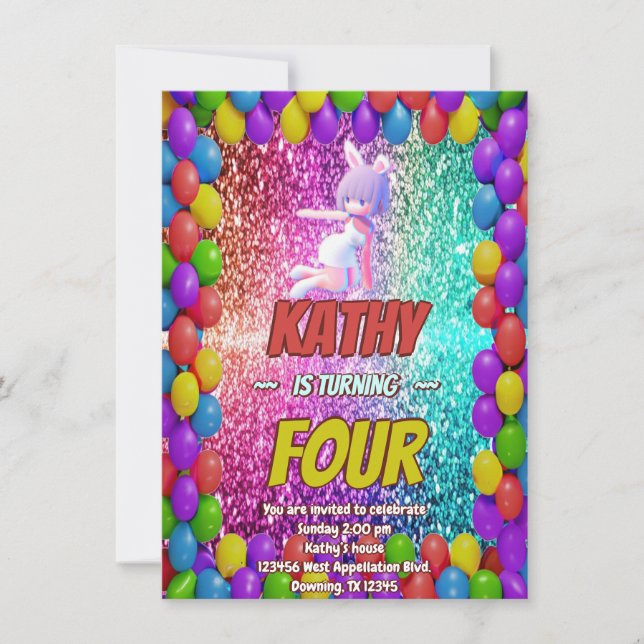 Cheerleader Cute Bunny Pompom Fun birthday invite (Front)