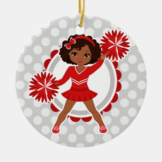 Cheerleader - Cute Red African American Cheer Ceramic Ornament (Front)
