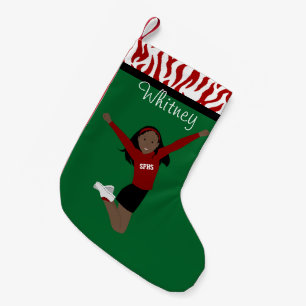 Cheerleader Dark Black Hair in Red & Black Small Christmas Stocking