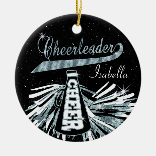 Cheerleader 📣 💖 Glam- Black and Blue Teal Ceramic Ornament (Front)