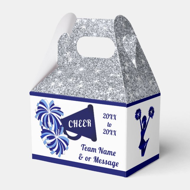 Cheerleader Goodie Bags. Personalized, Blue, White Favor Box (Front Side)
