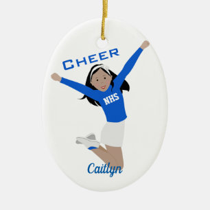 Cheerleader In Blue & White With Black Hair Ceramic Ornament