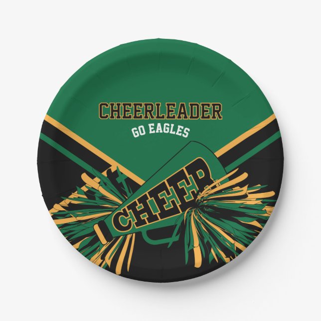 Cheerleader in Dark Green, Gold and Black Paper Plate (Front)