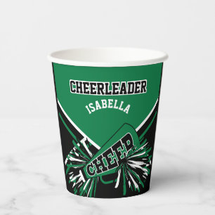 Cheerleader in Green, Black and White Paper Cups
