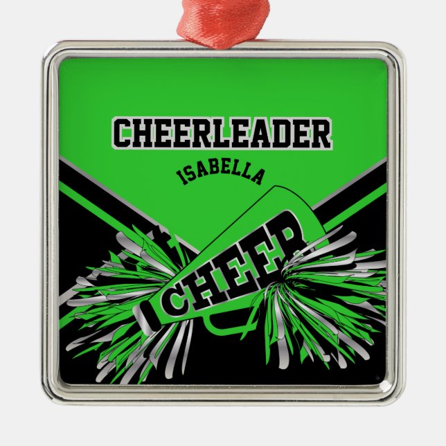 Cheerleader - Lime Green, Black and Silver Metal Ornament (Front)