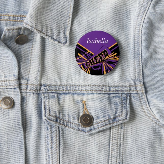 Cheerleader Outfit in Purple, Gold & Black 2 Inch Round Button (In Situ)