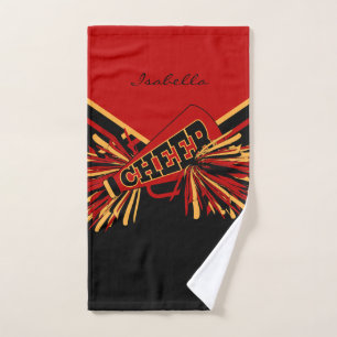 Cheerleader Outfit in Red, Gold and Black Hand Towel