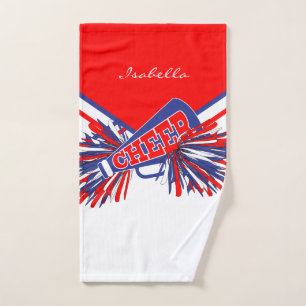 Cheerleader Outfit in White, Red and Blue Hand Towel