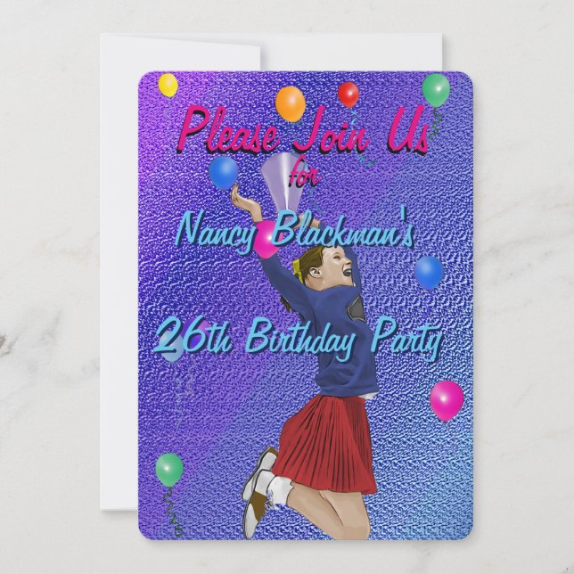 Cheerleader, Purple and Balloons Birthday Invite (Front)