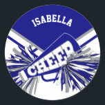 📣 Cheerleader  - White, Blue and Grey Classic Round Sticker<br><div class="desc">🥇AN ORIGINAL COPYRIGHT ART DESIGN by Donna Siegrist ONLY AVAILABLE ON ZAZZLE! Cheerleader School Colour Stickers - White, Blue and Grey with diy name. ✔NOTE: ONLY CHANGE THE TEMPLATE AREAS NEEDED! 😀 If needed, you can remove the text and start fresh adding whatever text and font you like. 📌If you...</div>