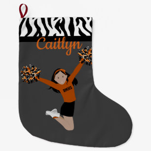 Cheerleader With Black Hair In Black And Orange  Large Christmas Stocking