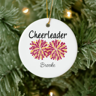 Cheerleader with Maroon & Yellow/Gold Pom Poms Ceramic Ornament
