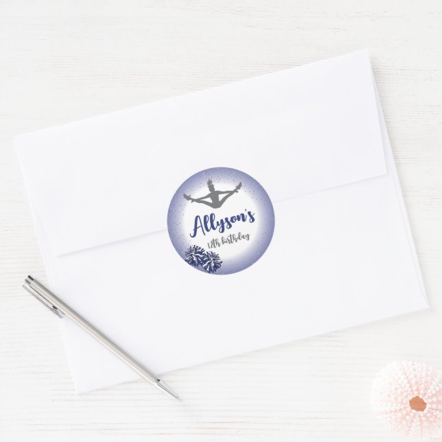 Cheerleading Birthday Party, Any Age Navy Blue Classic Round Sticker (Envelope)