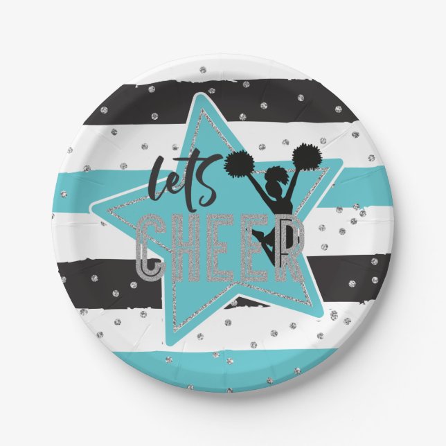 Cheerleading blue Silver Black Cheer Birthday Paper Plate (Front)