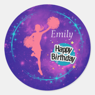 Cheerleading Happy Birthday Galaxy Personalized    Classic Round Sticker