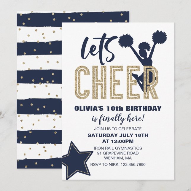Cheerleading Navy and Gold Cheer Birthday Invitation (Front/Back)