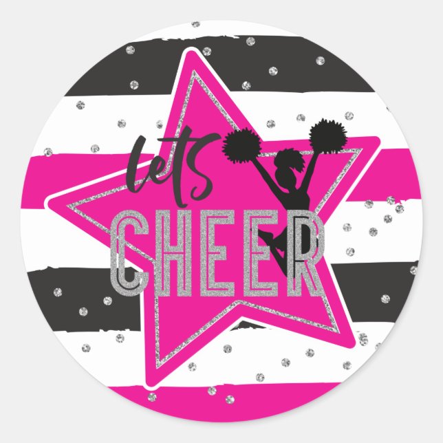 Cheerleading Pink Silver Black Cheer Birthday Classic Round Sticker (Front)