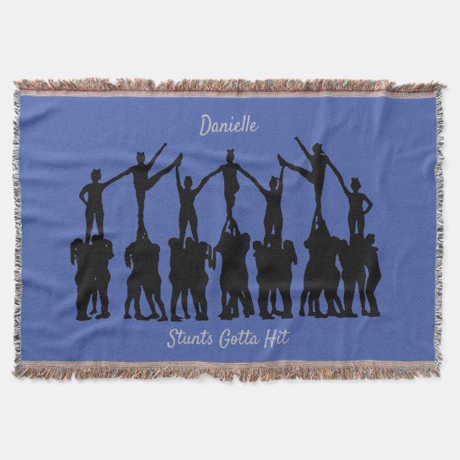 Cheerleading "Stunts Gotta Hit" Blue / Silver Throw Blanket (Front)