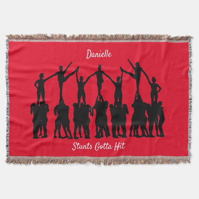 Cheerleading "Stunts Gotta Hit" Personalized Red Throw Blanket (Front)