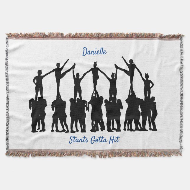 Cheerleading "Stunts Gotta Hit" Personalized White Throw Blanket (Front)