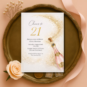 Cheers 21st Birthday Pink Gold Champagne Invitation