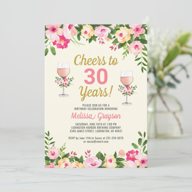 Cheers 30th Birthday Invitation Floral (Standing Front)
