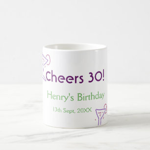 cheers 30th birthday name wine purple glass green coffee mug