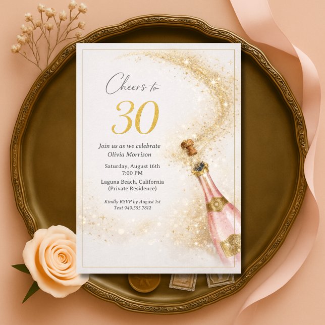 Cheers 30th Birthday Pink Gold Champagne Invitation (Creator Uploaded)