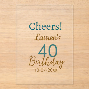 Cheers 40th birthday name date brown turquoise sim acrylic invitations