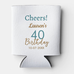 Cheers 40th birthday name date brown turquoise sim can cooler