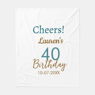 Cheers 40th birthday name date brown turquoise sim fleece blanket