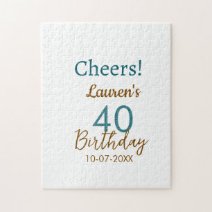 Cheers 40th birthday name date brown turquoise sim jigsaw puzzle