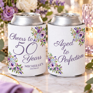 Cheers 50th Purple Floral Aged Perfection Birthday Can Cooler