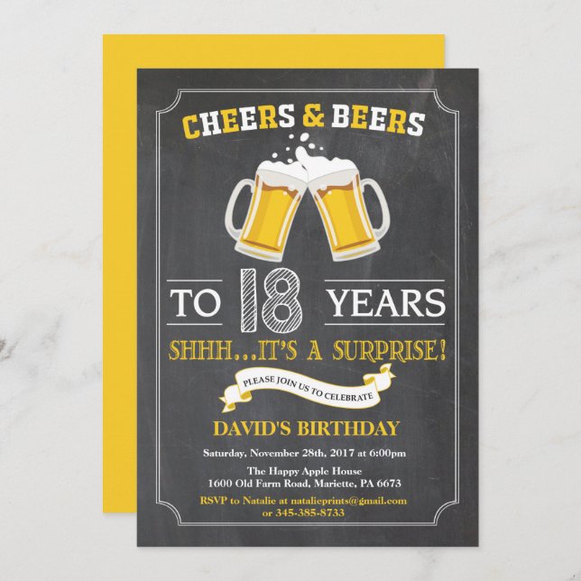 Cheers and Beers 18th Birthday Invitation Card (Front/Back)