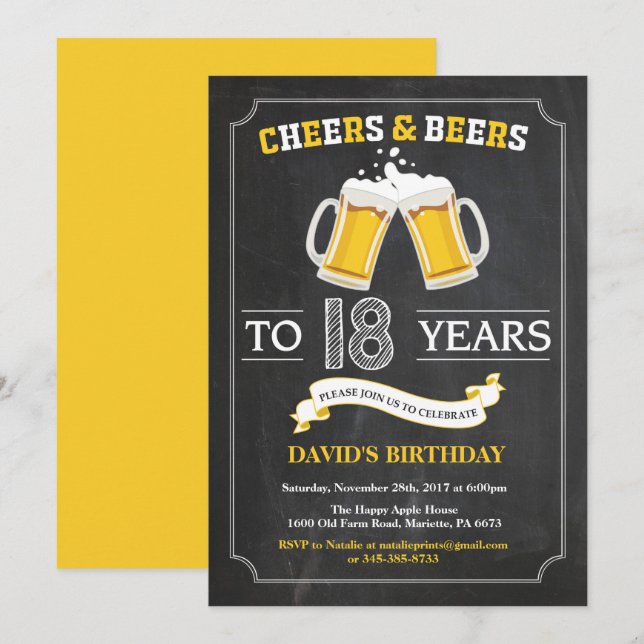 Cheers and Beers 18th Birthday Invitation Card (Front/Back)