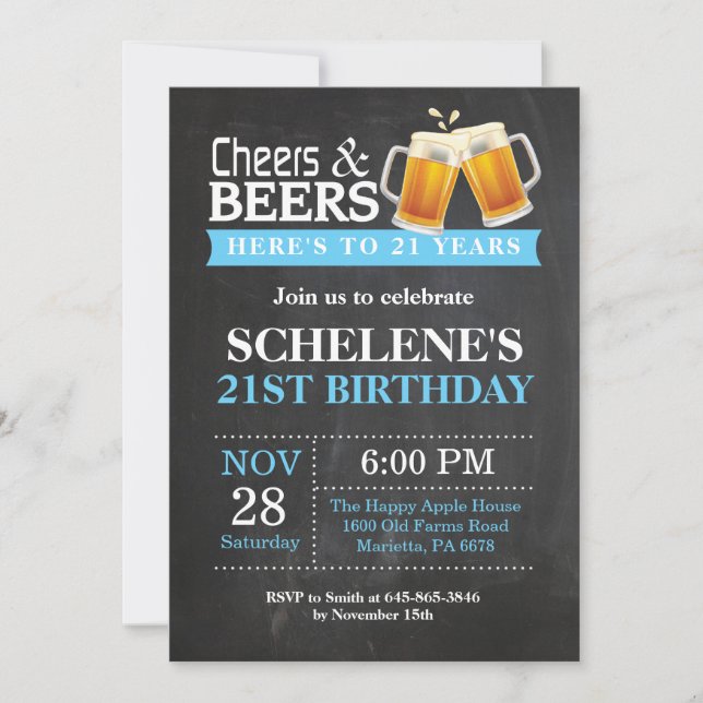 Cheers and Beers 21st Birthday Invitation Card (Front)